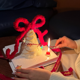 抱抱酱原创版权2026新年跨年毛绒红色蝴蝶结蛋糕装饰摆件烘焙配件