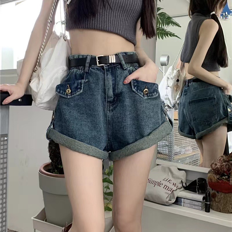 高腰牛仔短裤女夏季新款辣妹大码胖mm宽松显瘦卷边a字阔腿热裤子