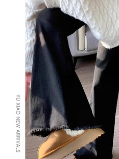 胖mm高腰显瘦裤 大码 子 女2024年新款 黑色梨形身材毛边微喇叭牛仔裤