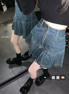 小个子高腰显瘦牛仔半身裙夏季百搭韩版a字百褶裙大码胖mm短裙子