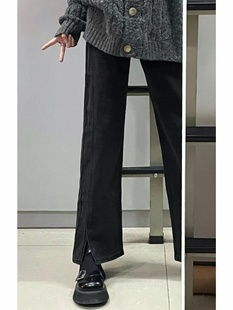 胖mm显瘦高腰拖地裤 大码 子潮 女秋冬加绒宽松阔腿裤 黑色直筒牛仔裤