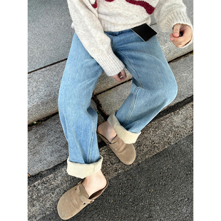 胖mm梨型身材宽松显瘦阔腿长裤 加绒加厚直筒牛仔裤 大码 新款 女冬季