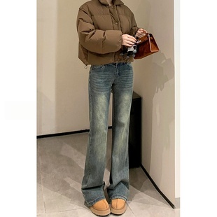 弹力显瘦喇叭马蹄裤 加绒胖mm大码 子 女冬季 复古怀旧高腰微喇牛仔裤