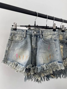 牛仔短裤 a字宽松阔腿裤 女夏季 做旧设计感小众热裤 子 大码 复古美式