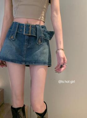 复古牛仔短裙女夏2023新款大码辣妹短裙裤高腰显瘦a字裙子半身裙