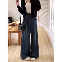 高腰阔腿牛仔裤女春季新款小个子慵懒风大码胖mm宽松显瘦直筒裤子