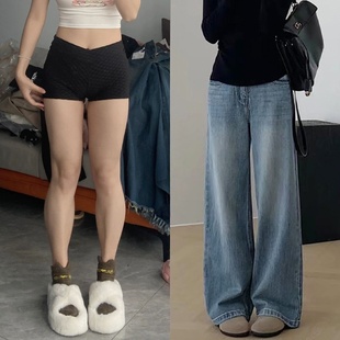 子 宽松显瘦梨型身材直筒裤 复古阔腿牛仔裤 女加厚秋冬加绒胖mm大码