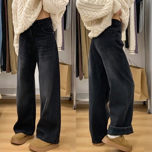 胖mm宽松显瘦梨型身材加厚直筒裤 加绒大码 女冬季 烟灰色阔腿牛仔裤