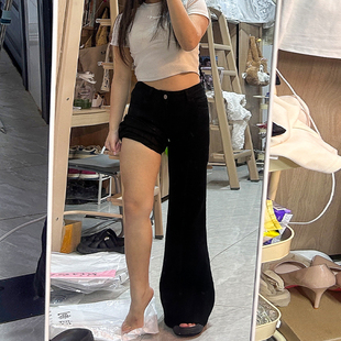 子 胖mm宽松显瘦松弛感阔腿裤 黑色不贴腿微喇牛仔裤 女秋冬加绒大码