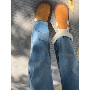 直筒牛仔裤 胖mm高腰显瘦阔腿裤 女冬季 大码 子 新款 加绒加厚蓝色窄版