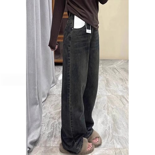 水泥灰直筒牛仔裤女梨形身材