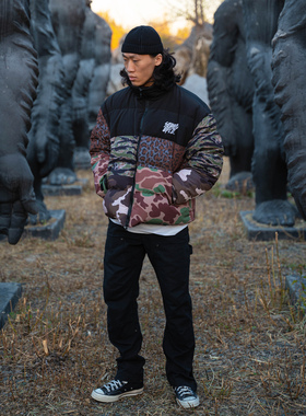 SUC群起SQUAD UP CO.迷彩豹纹拼接百家布重磅加厚保暖宽松棉服