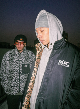 SUC群起豹纹加厚摇粒绒羊羔绒双面穿棉抓绒刺绣拉链保暖棉服外套