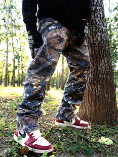 SUC群起大树树枝枯叶狩猎迷彩口袋机能水洗做旧宽松直筒工装长裤