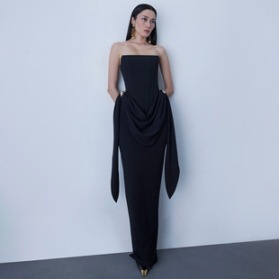 法式 连衣裙 复古轻奢穿搭气质礼服飘带长裙女性感辣妹抹胸露背修身