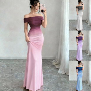 women dress亚马逊2026跨境欧美新款时尚短袖渐变一字领包臀裙长