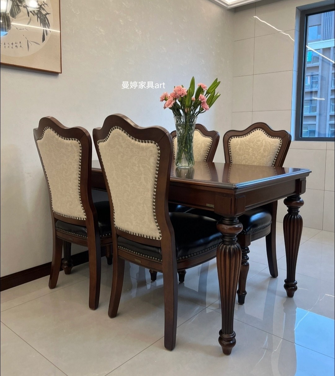 美式实木餐桌椅组合实木雕花餐桌法式复古长方形圆形餐桌仁豪家具