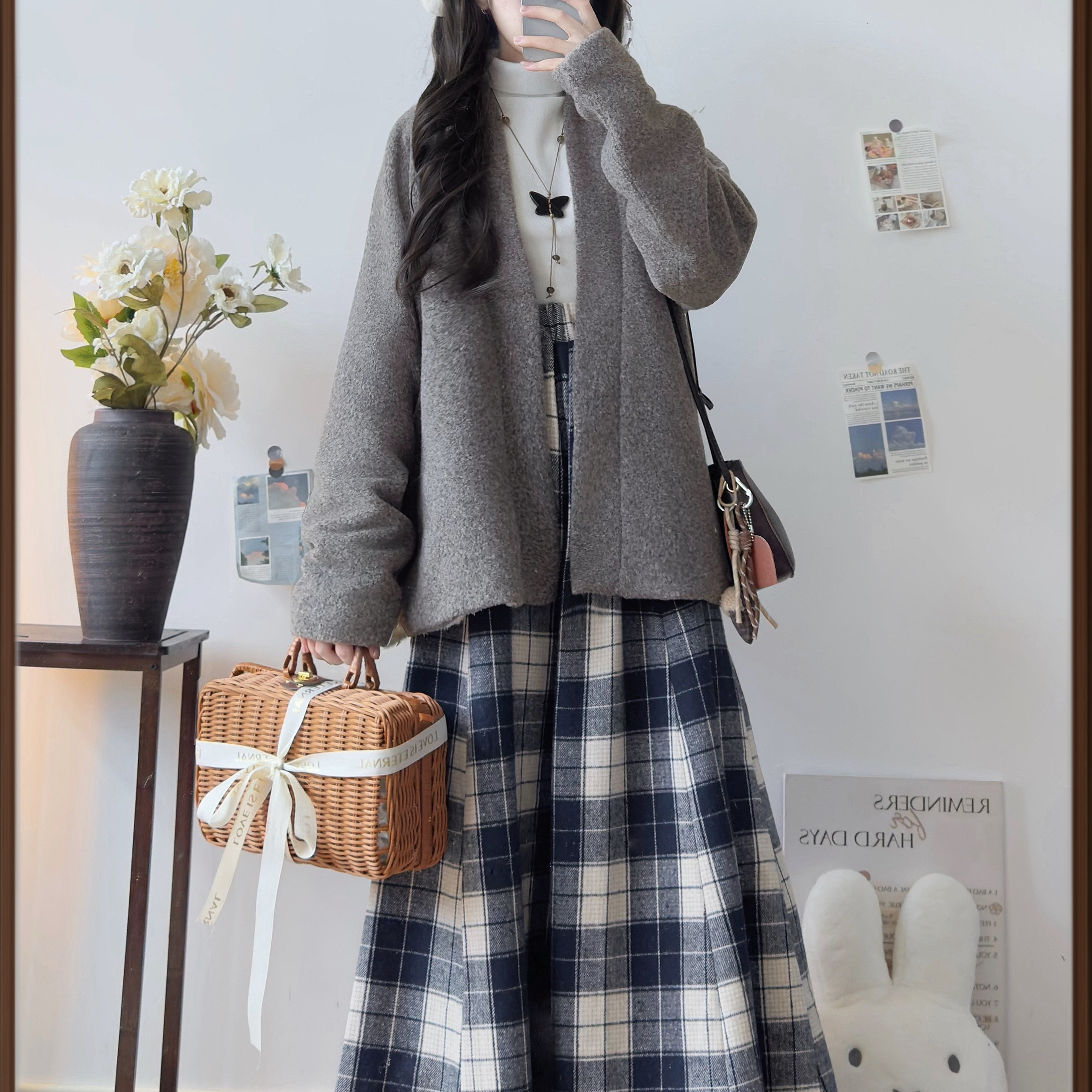 毛呢飞机袖加绒加厚复古外套套装女秋冬新款呢子开衫八破裙两件套