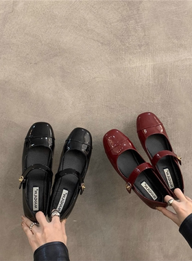 港风法式红色平跟玛丽珍鞋女春季2025新款方头复古气质晚晚鞋单鞋