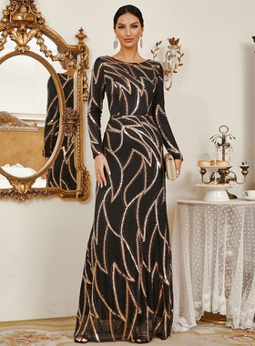 2024 Sequin Long Sleeved Maxi Evening Gown Prom Party Dress