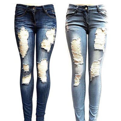 European style stretch wash ripped jeans slim pencil pants