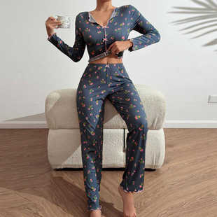 欧美睡衣女蕾丝花边家居两件套casual women long sleeve pajamas