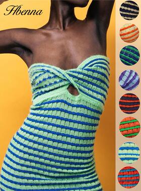 Knit Tube Dress Women Mini Sexy Elastics Stripe Patchwork