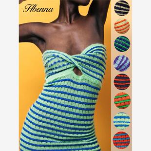 Knit Tube Dress Women Mini Sexy Elastics Stripe Patchwork