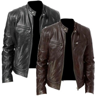 Men s gentleman zipper cardigan leather jacket男士潮牌外套棕