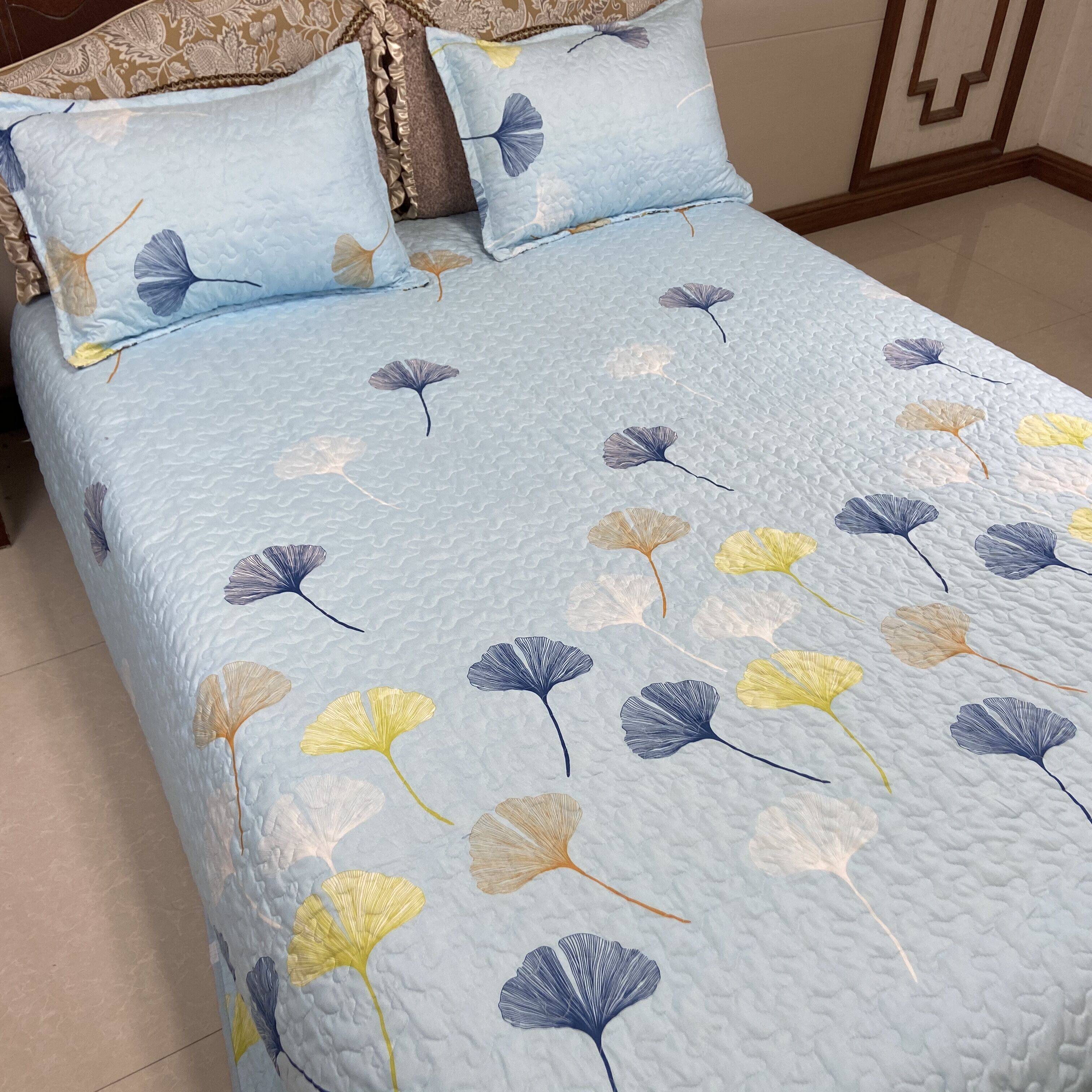 三件套绗缝被220x240夹棉床单床盖加两枕套双面花型四季可用