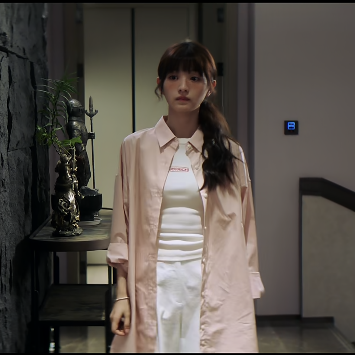 半熟男女何知南田曦薇同款夏季棉衬衫女士长袖宽松中长款粉色衬衣