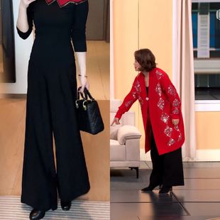 春晚马丽同款套装女冬季洋气显瘦加绒高领拼接上衣阔腿裤两件套潮