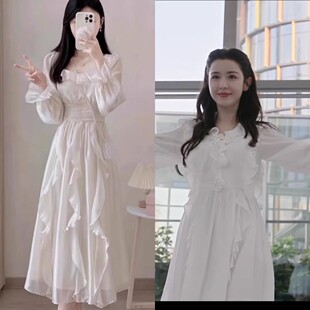 心动的信号张纯烨哈妮克孜同款法式连衣裙女拼接收腰显瘦公主长裙