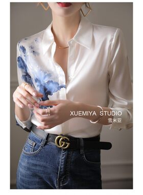 七根心简李亚青左小青同款缎面真丝衬衫女长袖复古水墨印花衬衣夏