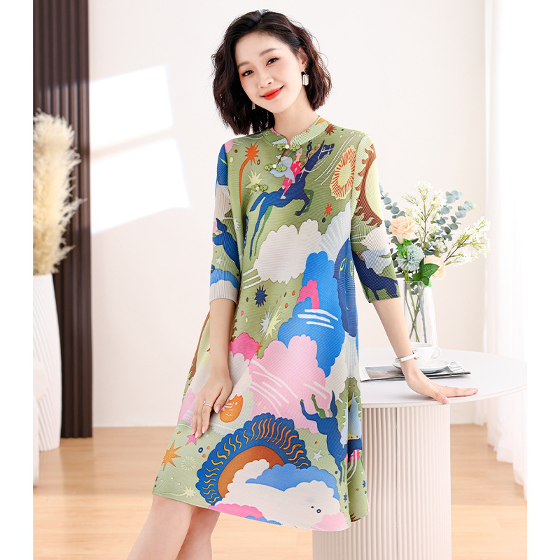 承欢记刘婉玉何赛飞同款褶皱时尚条纹中国风连衣裙大码连衣裙女