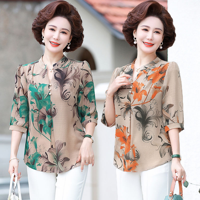 绽放的许开心蒋月月吴玉芳同款中老年女装夏季薄款衬衣妈妈打底衫
