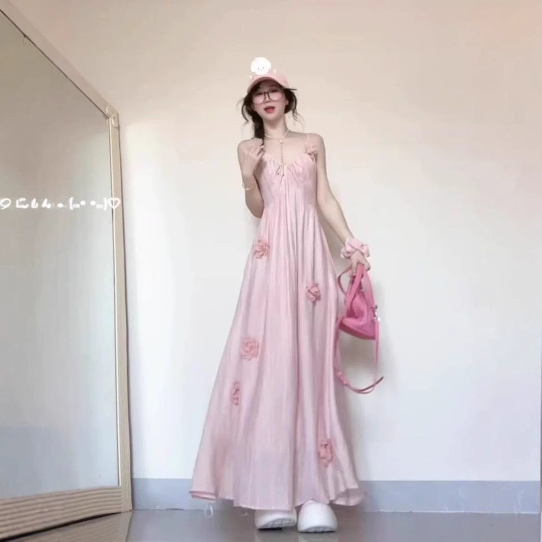 半熟恋人梁田同款粉色立体花朵吊带连衣裙女夏季海边度假小众长裙