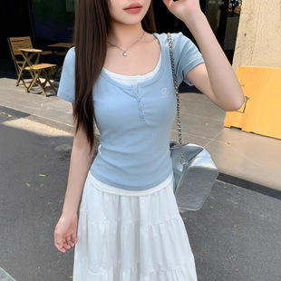 我在顶峰等你顾雪茭孙珍妮同款u领假两件短袖t恤女修身显瘦短上衣