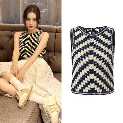 古力娜扎同款夏季新款小众撞色钩花编织镂空针织无袖背心短款上衣