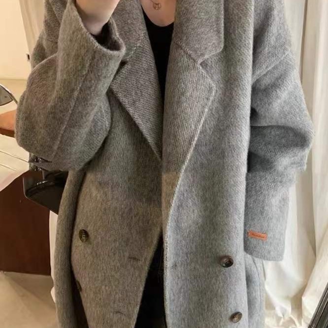 他为什么依然单身朱珠同款双排扣双面羊毛呢大衣女中长款宽松外套