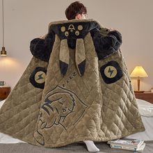 珊瑚绒睡衣男士冬季加厚加绒大码三层夹棉袄睡袍可爱保暖长款套装