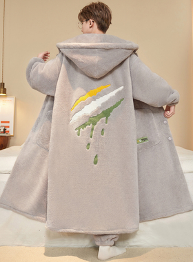 男士长款睡衣男加厚冬天睡袍男冬季学生青少年男款绣花连帽男生