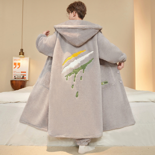 男士长款睡衣男加厚冬天睡袍男冬季学生青少年男款绣花连帽男生