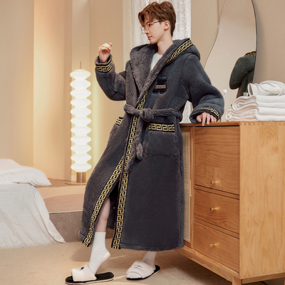 男士珊瑚绒加绒加厚保暖睡袍