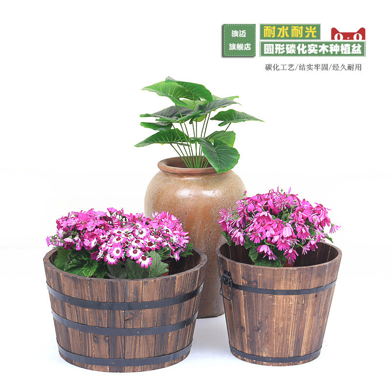 户外田园防腐木种植花盆圆形花盆阳台花箱种菜花盆木花槽圆盆花桶
