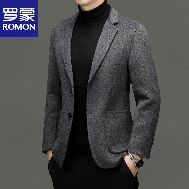 罗蒙高级感大衣男士春季新款休闲商务单西服羊毛呢子外套男装春秋