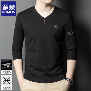 罗蒙高端男士长袖t恤春秋季新款v领中青年休闲体恤衫免烫打底上衣