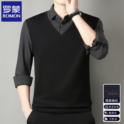 罗蒙春秋季新款假两件长袖t恤男