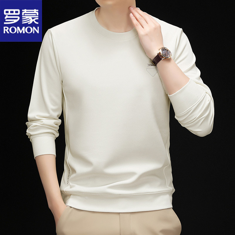 罗蒙长袖t恤男2026春季新款圆领宽松卫衣休闲纯色百搭套头打底衫