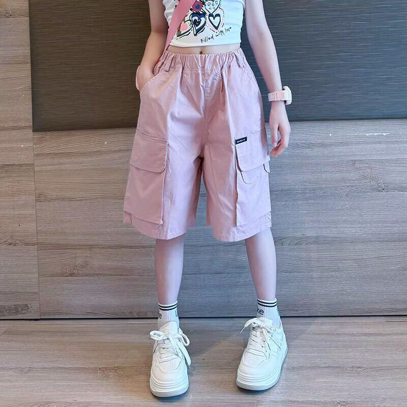 女童粉色工装短裤女大童夏装中裤潮酷儿童夏季薄款七分裤速干裤子